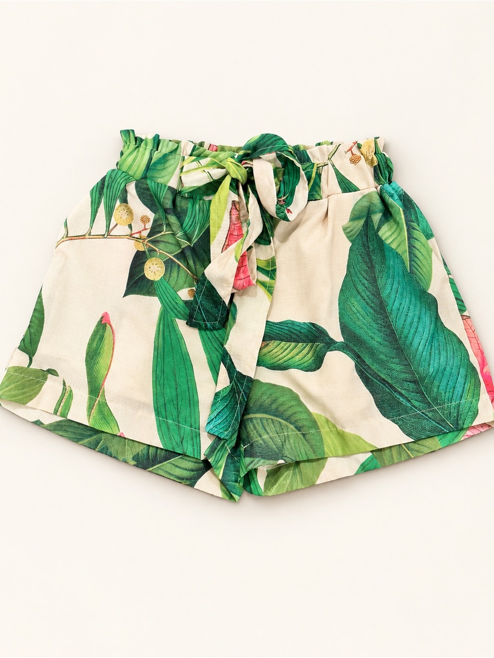 Spin tie Waist Tropical Leaf Print Shorts - Green S